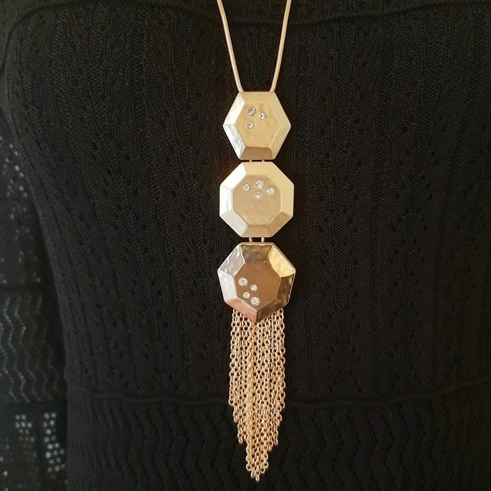 Chico's Hammered Gold Tone Hexagonal Tassel Long Necklace